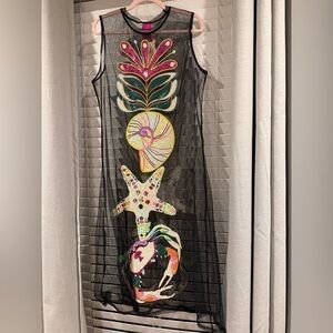 QUEEN OF SPARKLES Black Mesh Swim Coverup with Multicolor Sea Motifs